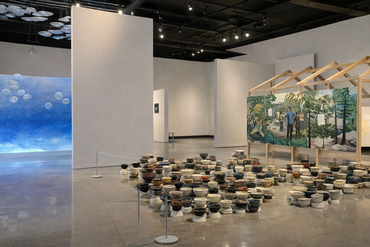 Moderne Kunstausstellung mit Keramikschalen und Gemälden in einer Galerie.