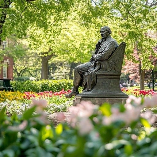 Bronzestatue eines sitzenden Mannes in einem blühenden Stadtpark